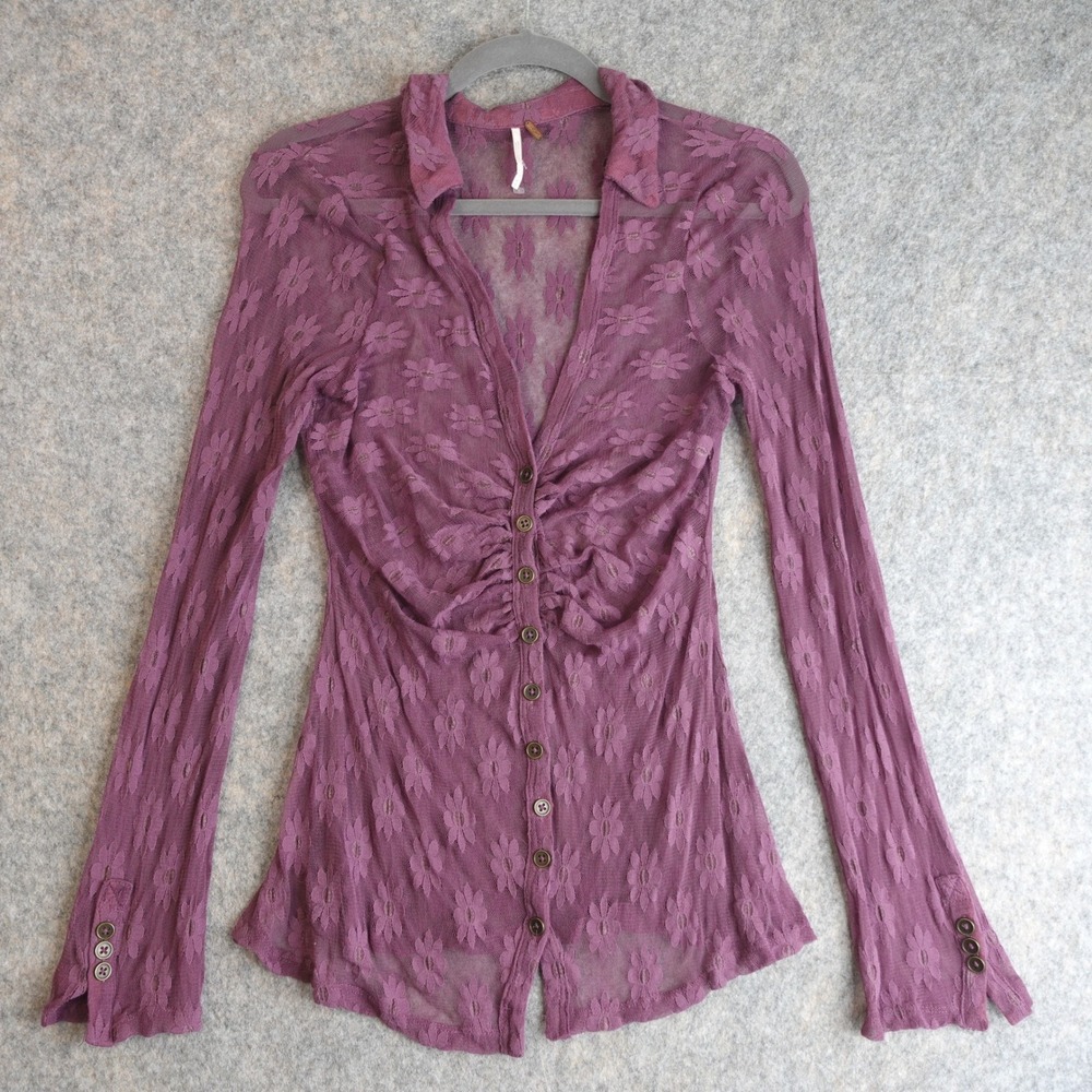 Free People Flower Fields Top M Purple Lace Sheer Mesh Floral Boho Fairy Y2K